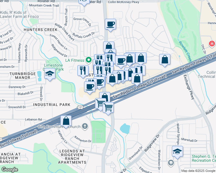 map of restaurants, bars, coffee shops, grocery stores, and more near 7775 South Custer Road in McKinney