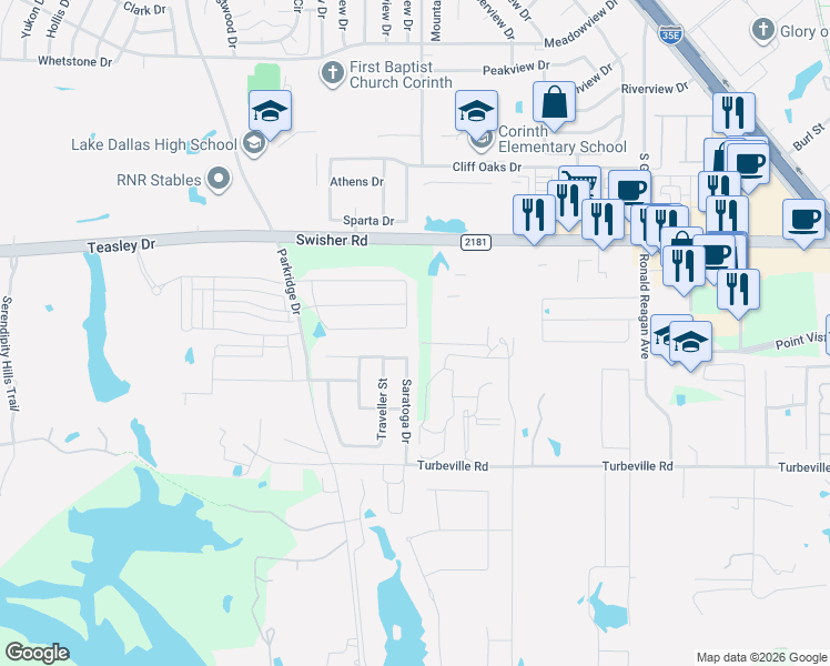 map of restaurants, bars, coffee shops, grocery stores, and more near 215 Saratoga Drive in Hickory Creek