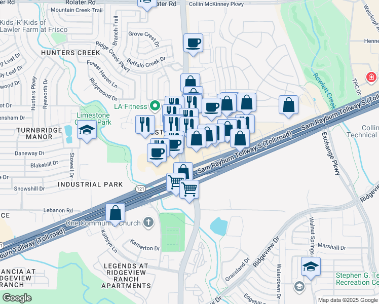 map of restaurants, bars, coffee shops, grocery stores, and more near 7775 South Custer Road in McKinney