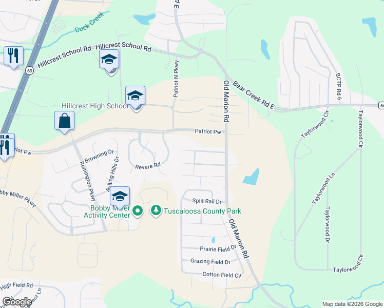map of restaurants, bars, coffee shops, grocery stores, and more near 156 Roscommon Road in Tuscaloosa