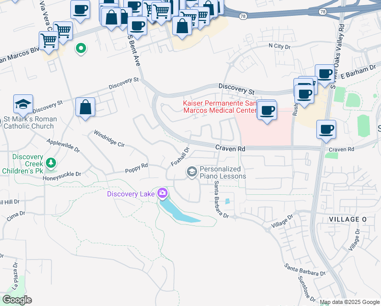 map of restaurants, bars, coffee shops, grocery stores, and more near 534 Foxhall Drive in San Marcos