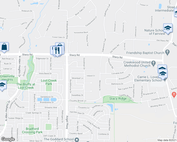 map of restaurants, bars, coffee shops, grocery stores, and more near 1804 Reynolds Court in Allen