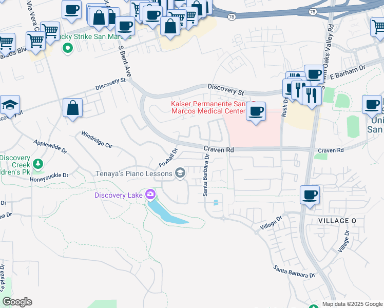 map of restaurants, bars, coffee shops, grocery stores, and more near 565 Summerholly Drive in San Marcos