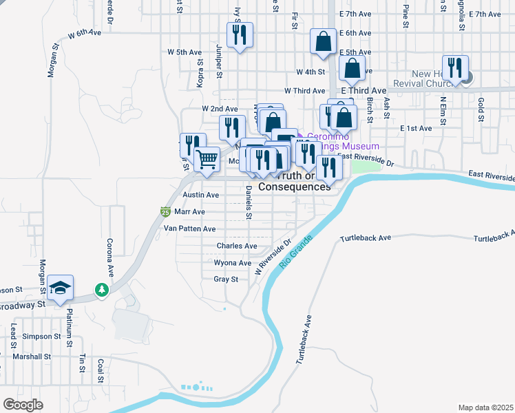 map of restaurants, bars, coffee shops, grocery stores, and more near 400 Austin Street in Truth or Consequences