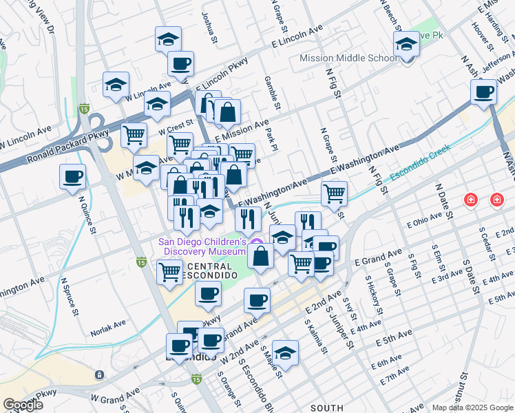 map of restaurants, bars, coffee shops, grocery stores, and more near 215 East Washington Avenue in Escondido