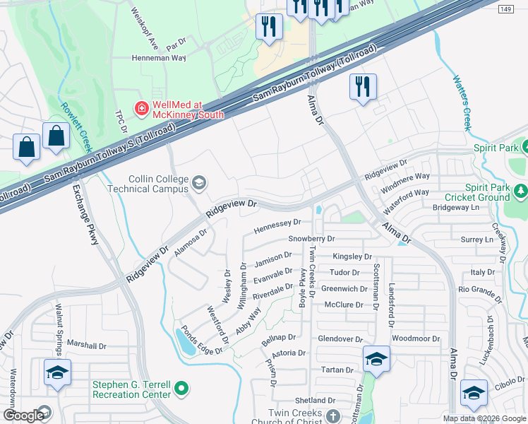 map of restaurants, bars, coffee shops, grocery stores, and more near 1524 Hennessey Drive in Allen