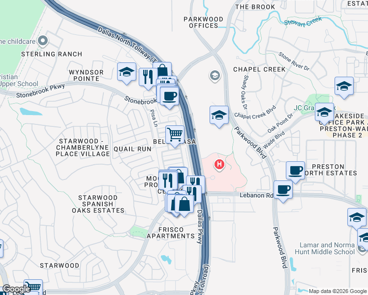 map of restaurants, bars, coffee shops, grocery stores, and more near 5678 Grosseto Drive in Frisco