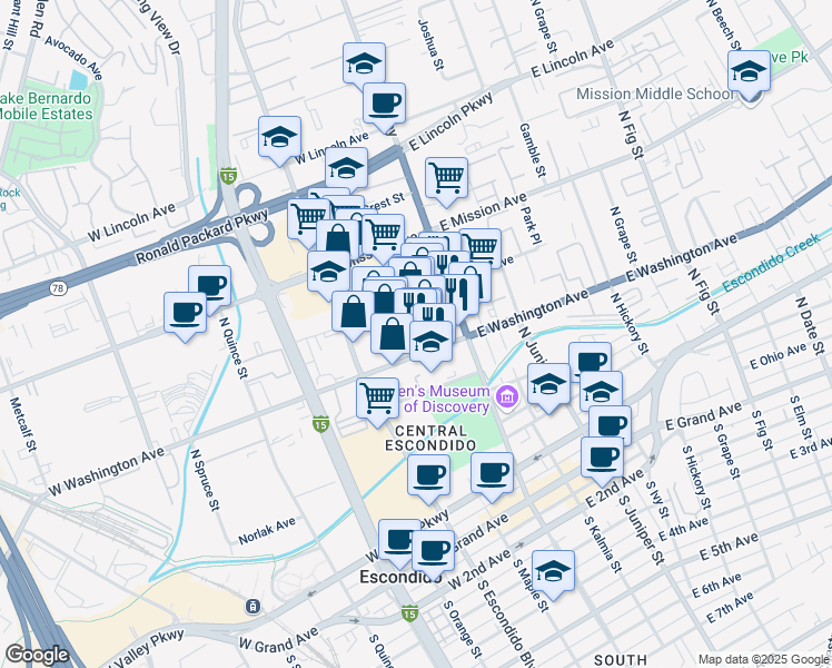 map of restaurants, bars, coffee shops, grocery stores, and more near 641 North Broadway in Escondido