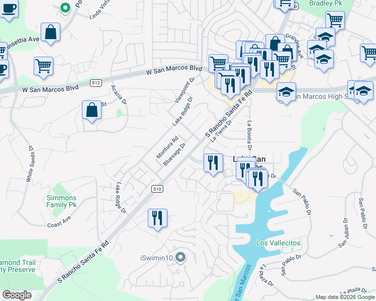 map of restaurants, bars, coffee shops, grocery stores, and more near 1012 South Rancho Santa Fe Road in San Marcos