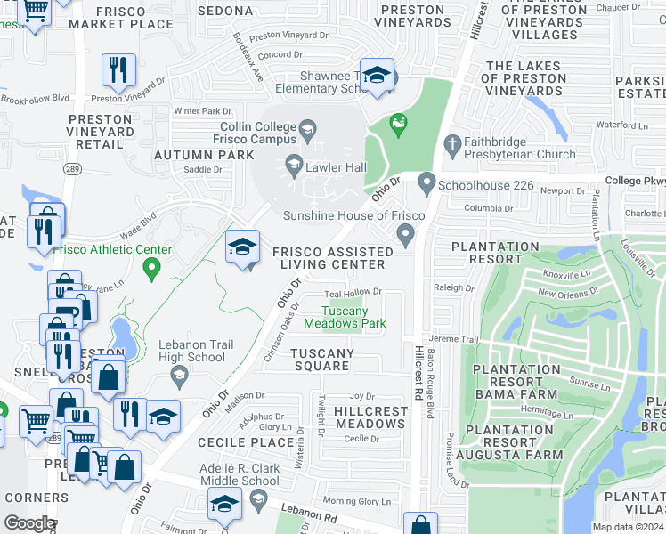 map of restaurants, bars, coffee shops, grocery stores, and more near 5850 Ohio Drive in Frisco