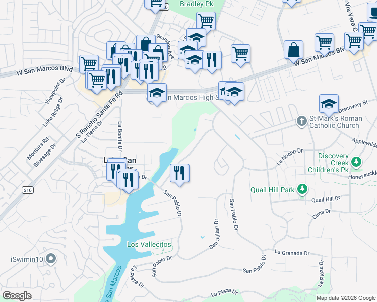 map of restaurants, bars, coffee shops, grocery stores, and more near 1933 San Pablo Drive in San Marcos