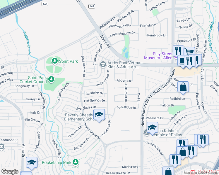 map of restaurants, bars, coffee shops, grocery stores, and more near 2030 Hopewell Drive in Allen