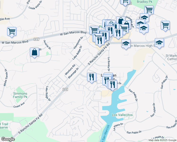 map of restaurants, bars, coffee shops, grocery stores, and more near 1003 La Tierra Drive in San Marcos
