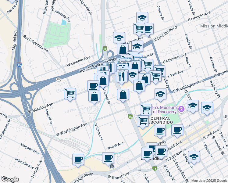 map of restaurants, bars, coffee shops, grocery stores, and more near 501 West Mission Avenue in Escondido