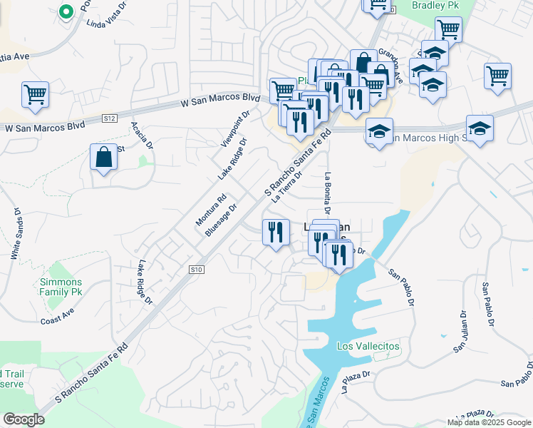 map of restaurants, bars, coffee shops, grocery stores, and more near 1003 La Tierra Drive in San Marcos