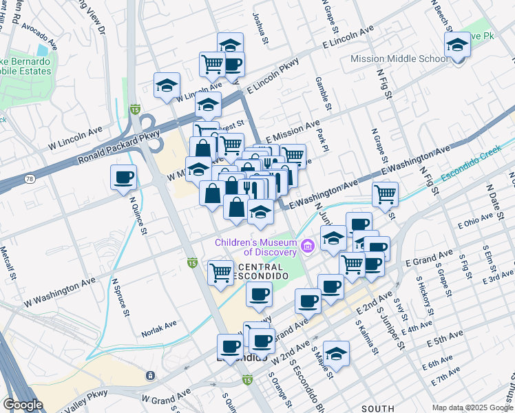 map of restaurants, bars, coffee shops, grocery stores, and more near 641 North Broadway in Escondido