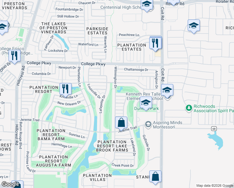 map of restaurants, bars, coffee shops, grocery stores, and more near 11912 Paducah Drive in Frisco
