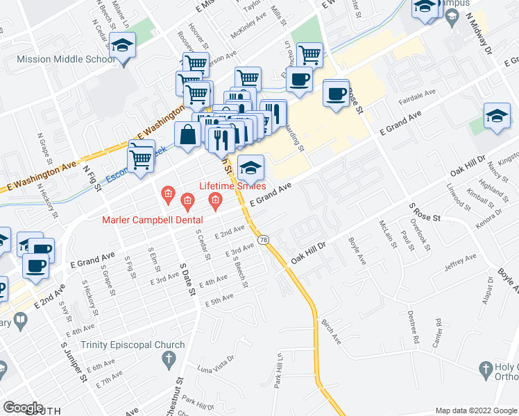 map of restaurants, bars, coffee shops, grocery stores, and more near 110 North Ash Street in Escondido