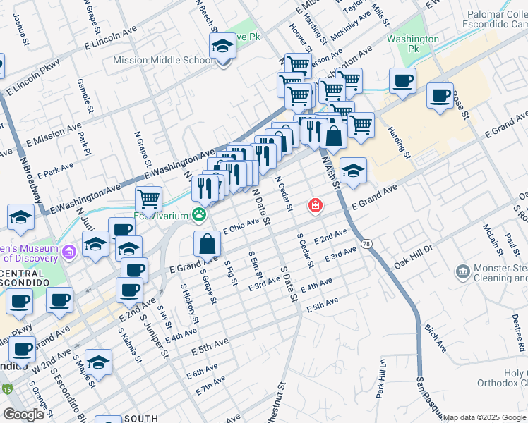 map of restaurants, bars, coffee shops, grocery stores, and more near 869 East Pennsylvania Avenue in Escondido