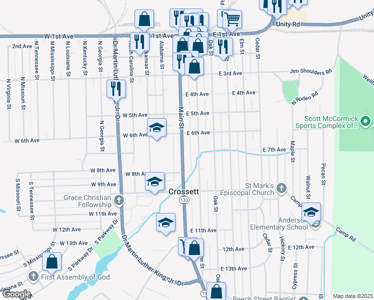 map of restaurants, bars, coffee shops, grocery stores, and more near 604 Pine Street in Crossett