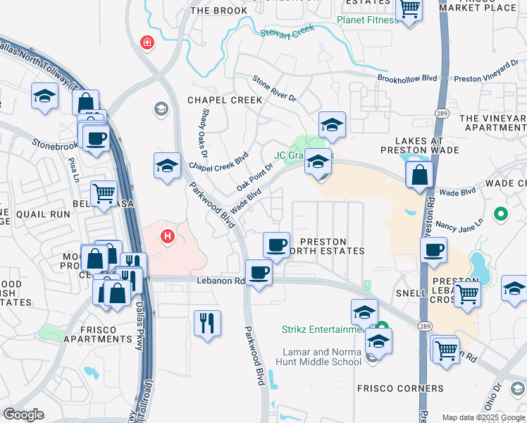 map of restaurants, bars, coffee shops, grocery stores, and more near 7997 Wade Boulevard in Frisco