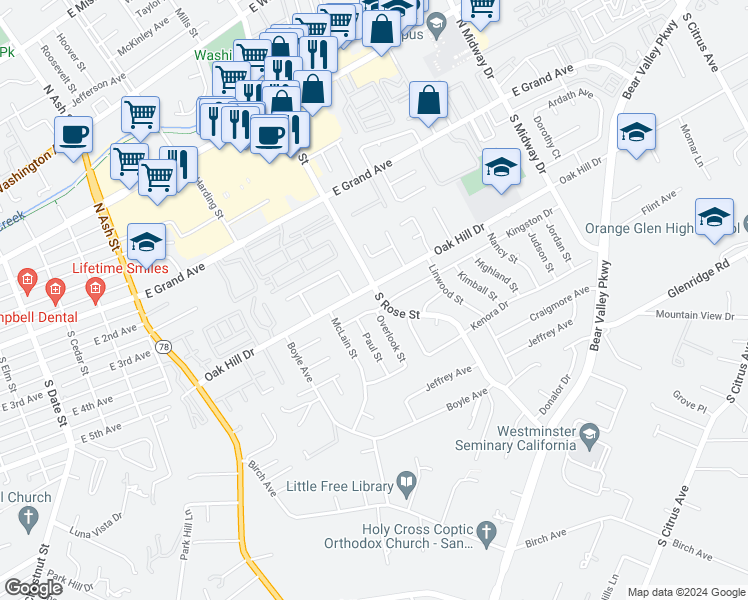 map of restaurants, bars, coffee shops, grocery stores, and more near 511 South Rose Street in Escondido