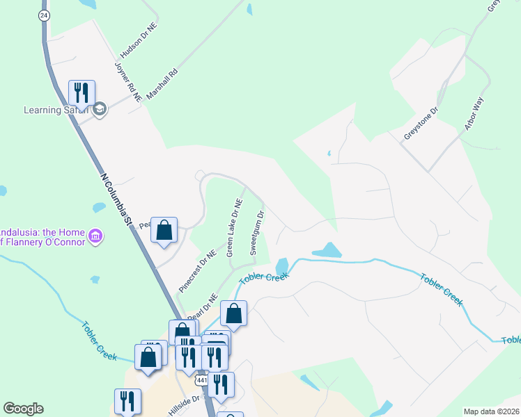 map of restaurants, bars, coffee shops, grocery stores, and more near 158 Sweetgum Drive in Milledgeville