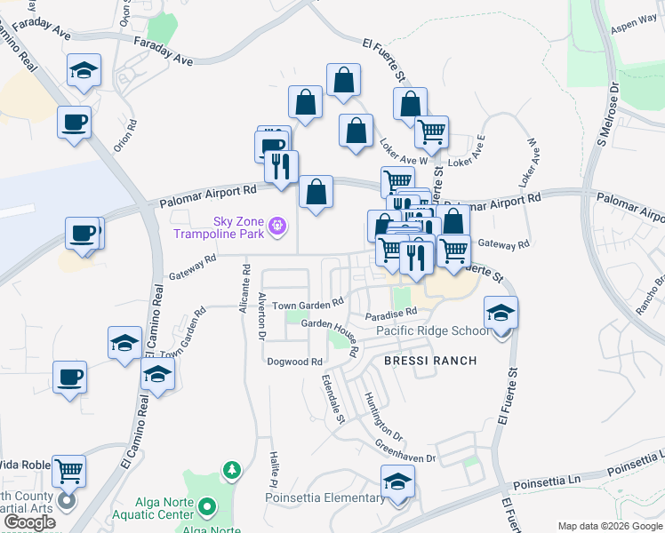 map of restaurants, bars, coffee shops, grocery stores, and more near 6211 Dartington Way in Carlsbad