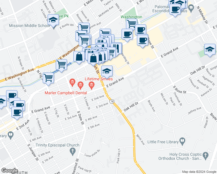 map of restaurants, bars, coffee shops, grocery stores, and more near 110 North Ash Street in Escondido