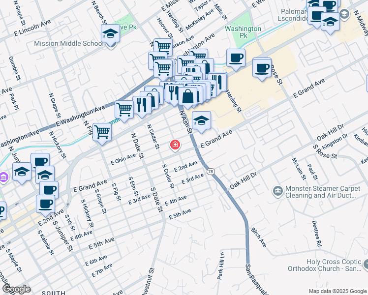 map of restaurants, bars, coffee shops, grocery stores, and more near 1152 East Grand Avenue in Escondido