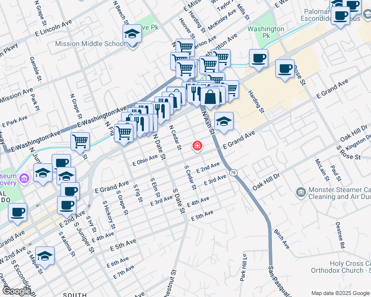 map of restaurants, bars, coffee shops, grocery stores, and more near 1004 East Ohio Avenue in Escondido