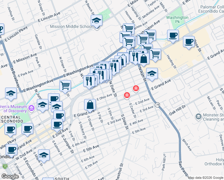 map of restaurants, bars, coffee shops, grocery stores, and more near 925 East Pennsylvania Avenue in Escondido