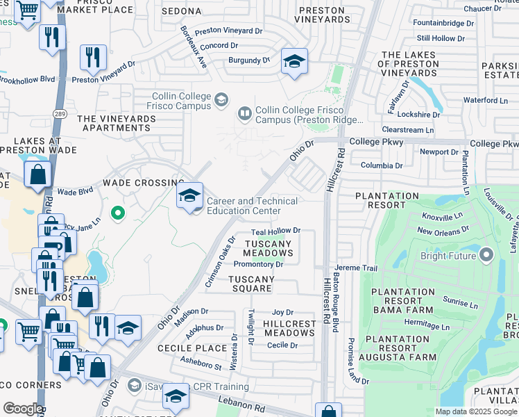 map of restaurants, bars, coffee shops, grocery stores, and more near 5850 Ohio Drive in Frisco