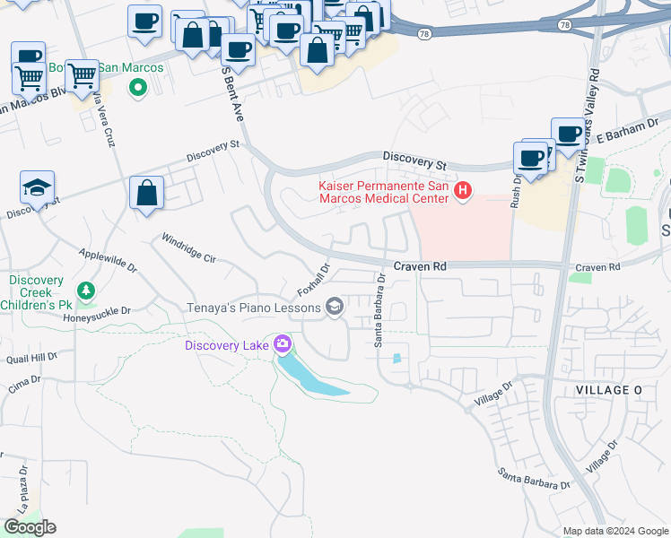map of restaurants, bars, coffee shops, grocery stores, and more near 534 Foxhall Drive in San Marcos
