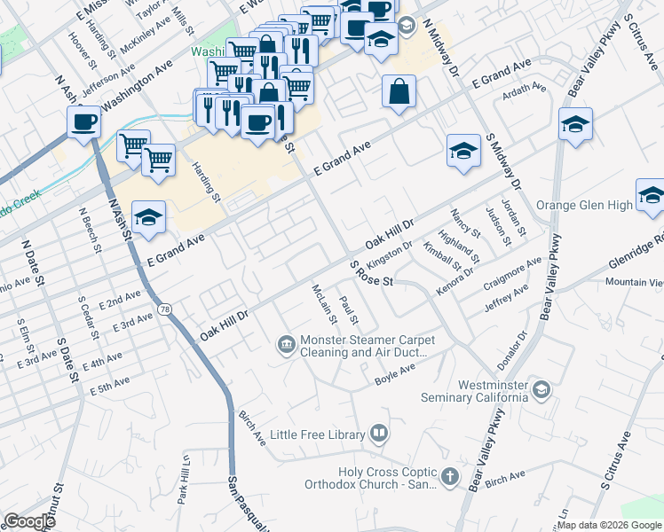 map of restaurants, bars, coffee shops, grocery stores, and more near Oak Hill Drive & Katella Way in Escondido