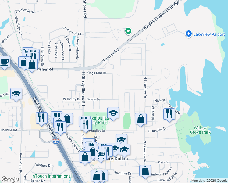 map of restaurants, bars, coffee shops, grocery stores, and more near 5413 King Manor Drive in Lake Dallas