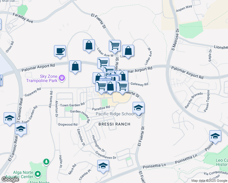 map of restaurants, bars, coffee shops, grocery stores, and more near 2675 Gateway Road in Carlsbad