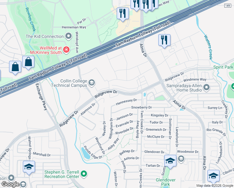 map of restaurants, bars, coffee shops, grocery stores, and more near 1529 Teresa Ann Lane in Allen