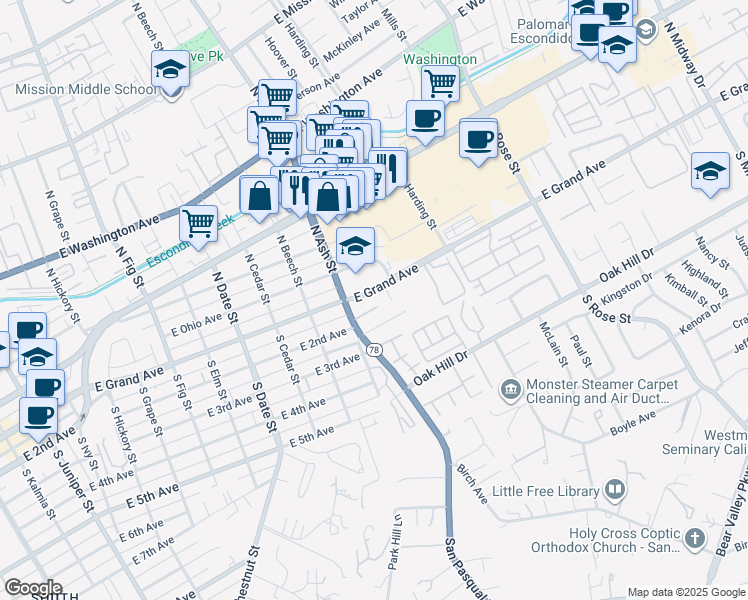 map of restaurants, bars, coffee shops, grocery stores, and more near 1235 East Grand Avenue in Escondido