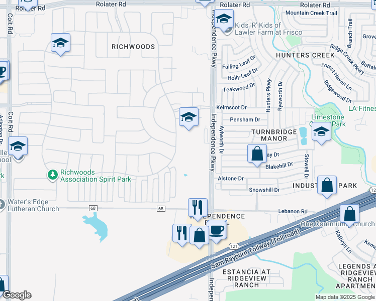 map of restaurants, bars, coffee shops, grocery stores, and more near 6075 Independence Parkway in Frisco