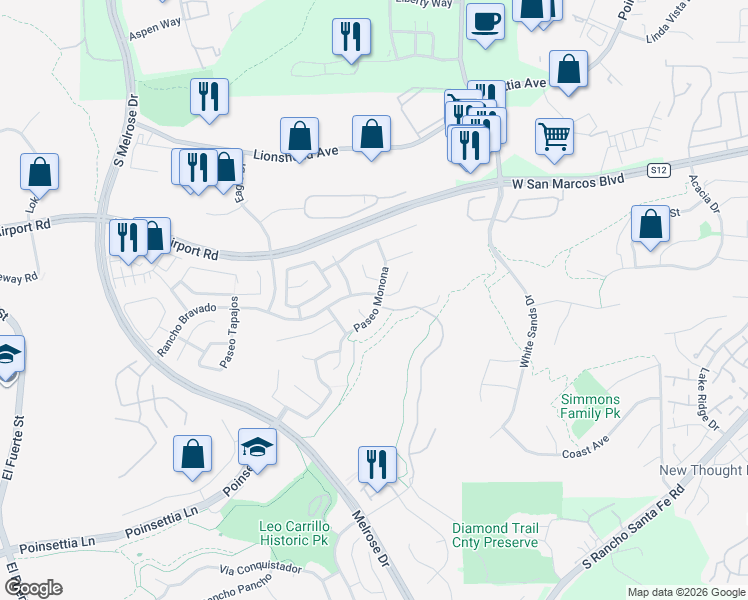 map of restaurants, bars, coffee shops, grocery stores, and more near 4830 Viewridge Avenue in San Diego