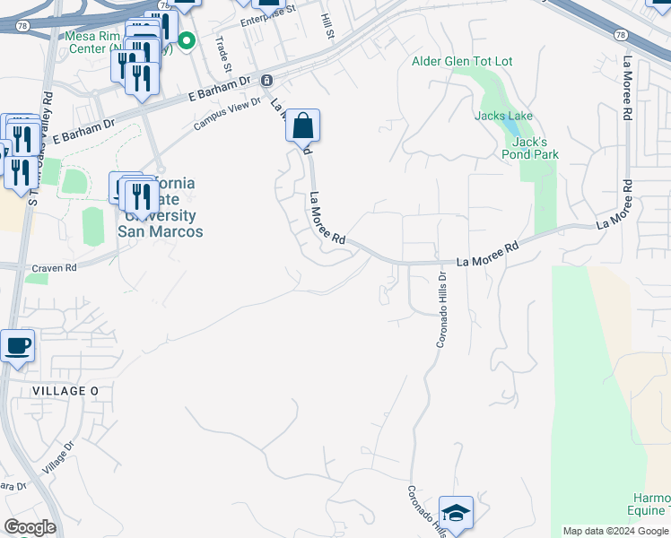 map of restaurants, bars, coffee shops, grocery stores, and more near 608 Via Del Caballo in San Marcos