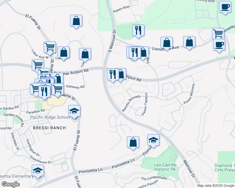 map of restaurants, bars, coffee shops, grocery stores, and more near 6000 Citracado Circle in Carlsbad