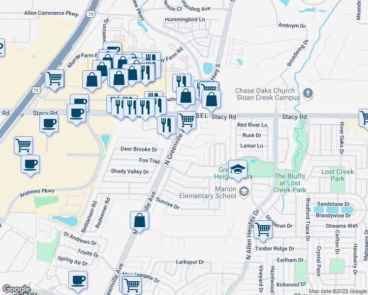 map of restaurants, bars, coffee shops, grocery stores, and more near 1722 Lisa Court in Allen