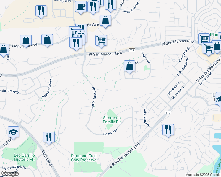 map of restaurants, bars, coffee shops, grocery stores, and more near 2118 Sun Valley Road in San Marcos