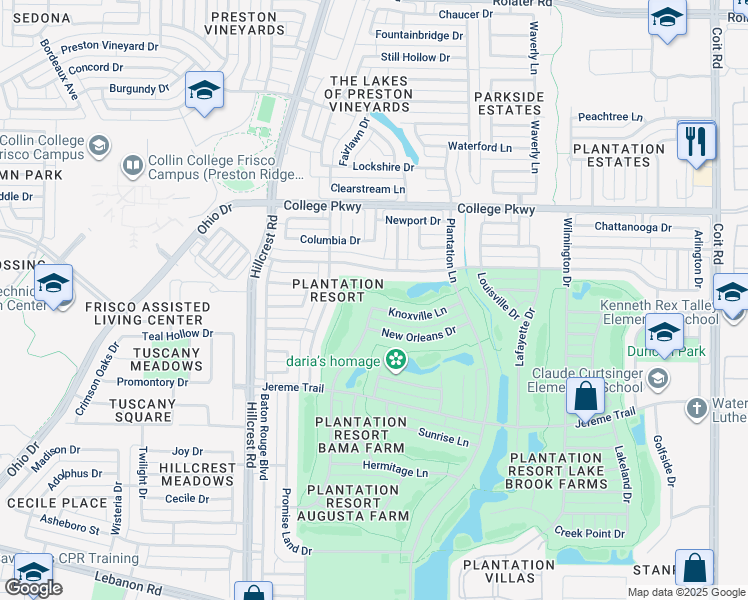 map of restaurants, bars, coffee shops, grocery stores, and more near 5901 Belle Chasse Lane in Frisco