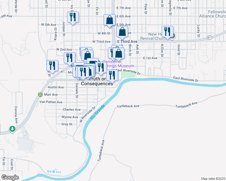 map of restaurants, bars, coffee shops, grocery stores, and more near 100 Austin Street in Truth or Consequences