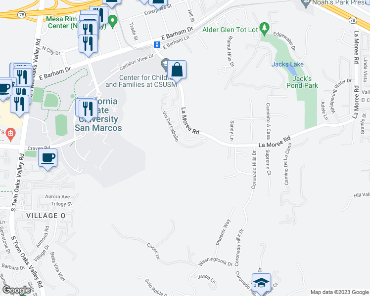 map of restaurants, bars, coffee shops, grocery stores, and more near 596 Via Del Caballo in San Marcos