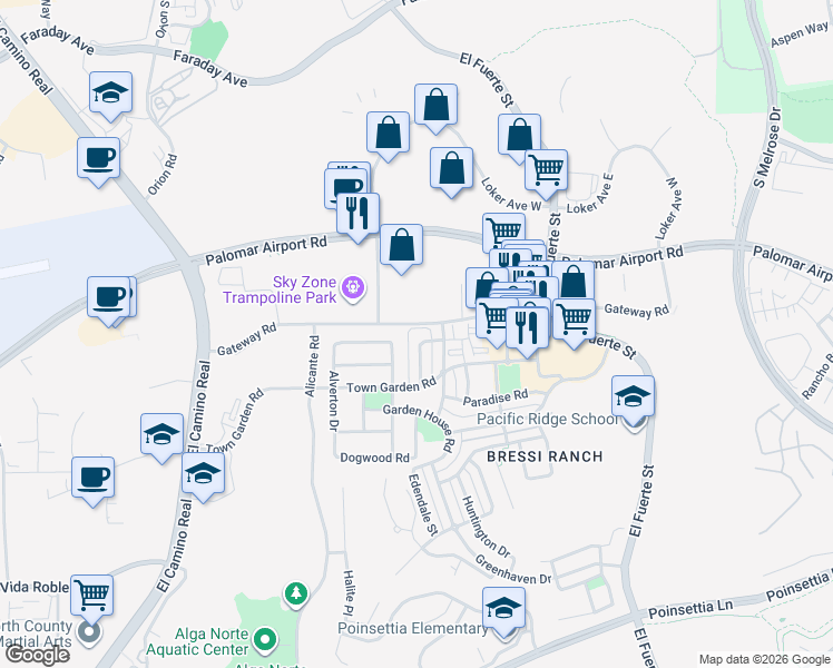 map of restaurants, bars, coffee shops, grocery stores, and more near 6215 Dartington Way in Carlsbad