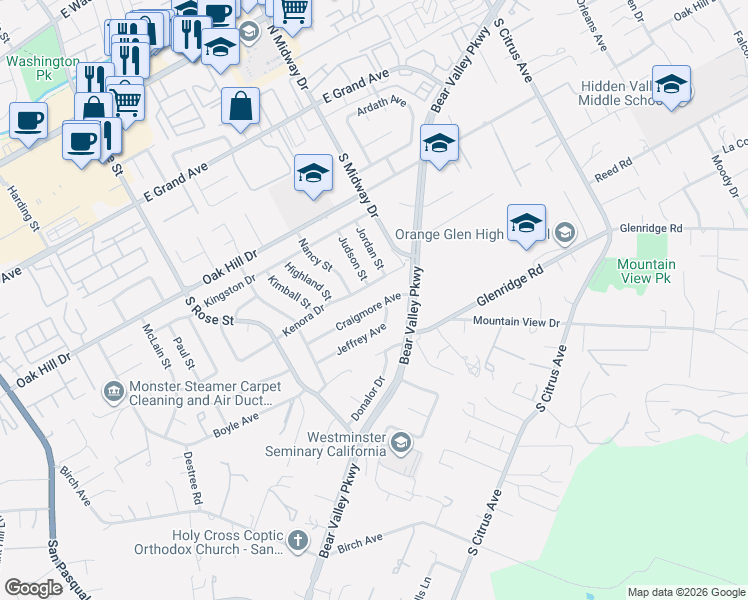 map of restaurants, bars, coffee shops, grocery stores, and more near 1922 Craigmore Avenue in Escondido